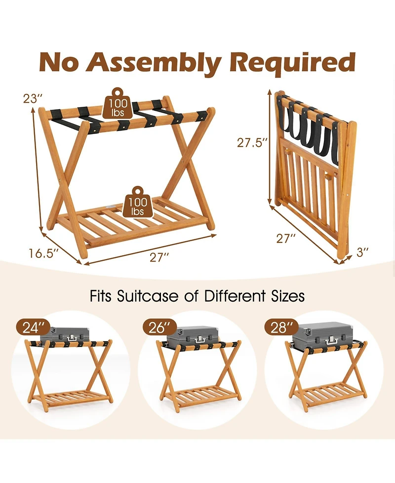 Sugift Set of Two Folding Luggage Racks with Straps and Shelf