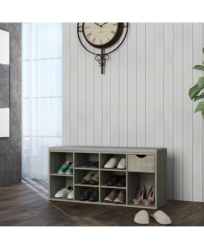 Rainsken Entryway Shoe Bench with Padded Cushion, Open Compartments and Drawer, 3-Layer Shoe Rack for Hallway