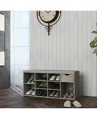 Rainsken Entryway Shoe Bench with Padded Cushion, Open Compartments and Drawer, 3-Layer Shoe Rack for Hallway