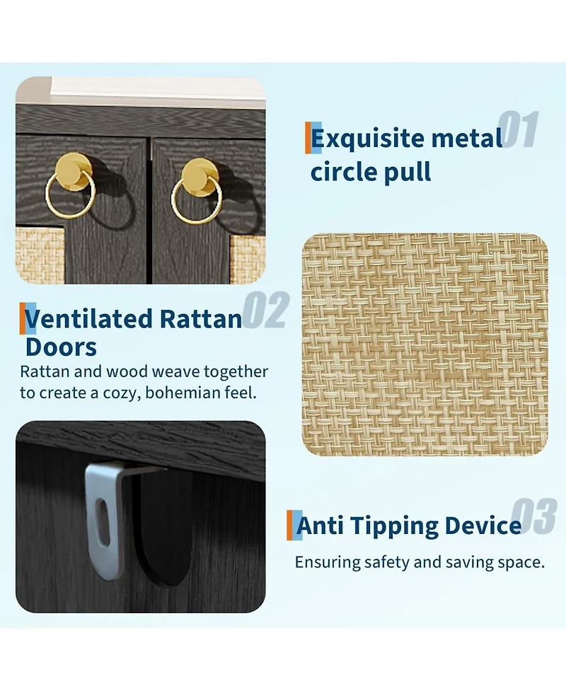 Homfan Rattan Shoe Cabinet for Entryway, 5-Tier Farmhouse Organizer Rack Narrow Storage with 2 Doors and Open Shelf Foyer Hallway