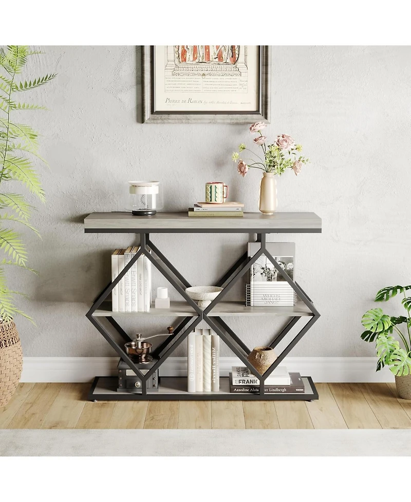 gaomon 3-Tier Entryway Table, Industrial Console Sofa Table, Open Storage Shelves, Diamond Metal Frame