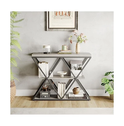 gaomon Industrial 3-Tier Entryway Table, Double X Metal Frames, 2 Storage Shelves, Rustic Wood, Living Room or Hallway