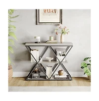 gaomon Industrial 3-Tier Entryway Table, Double X Metal Frames, 2 Storage Shelves, Rustic Wood, Living Room or Hallway