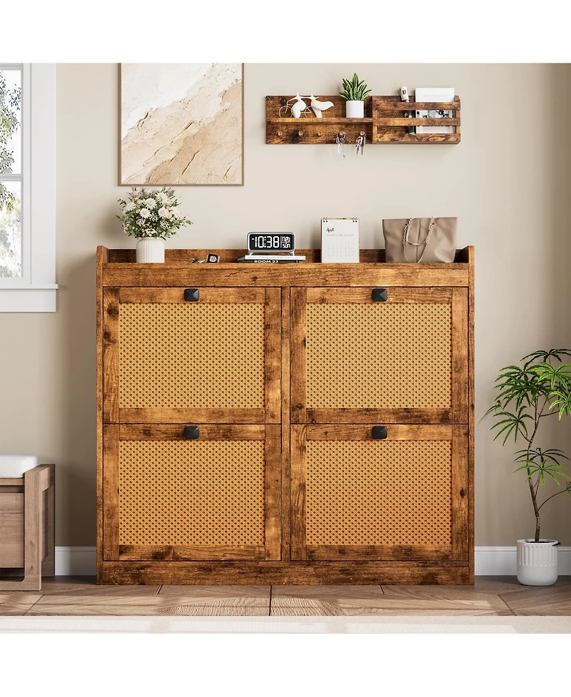 Homfan Rattan Wooden Shoe Cabinet with 4 Flip Drawers and Adjustable Shelves