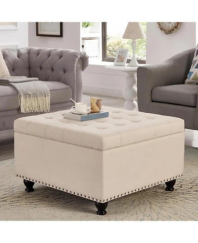 Rainsken Square Storage Ottoman - Upholstered Button Tufted, wooden legs and Nail Trims for Living Room, Bedroom