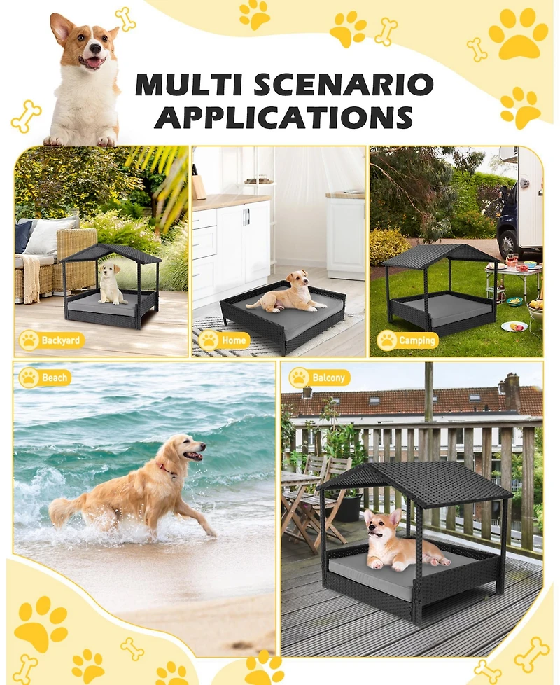 Ltmate Hand-Woven Rattan 2-in-1 Pet House & Elevated Bed with Removable Covers
