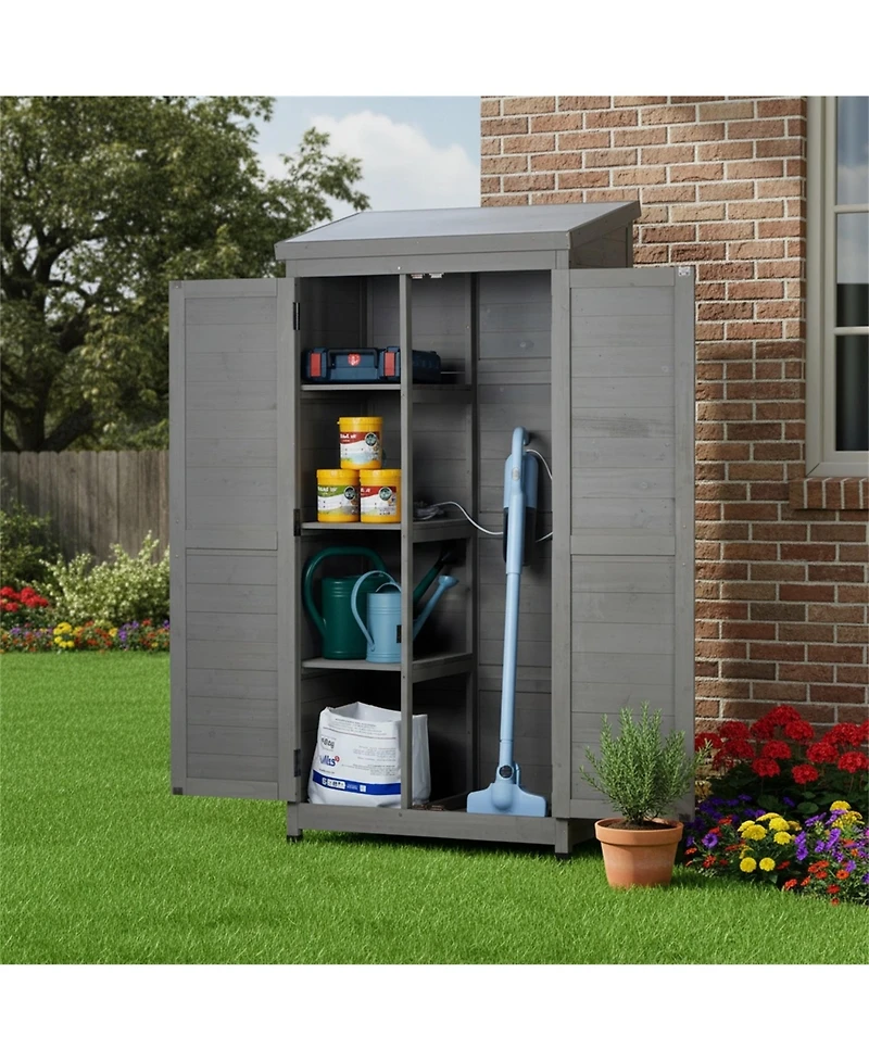 Clihome Outdoor Wooden Storage Shed with Metal Top Tall Vertical Tool Cabinet for Backyard Garden