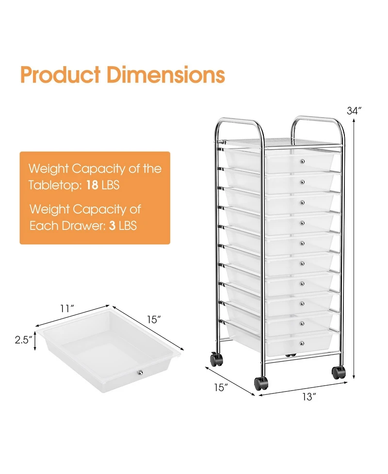 Sugift Ten Drawer Rolling Storage Cart Organizer with Universal Casters