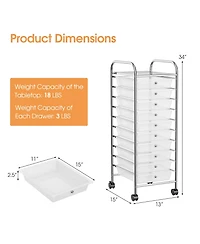Sugift Ten Drawer Rolling Storage Cart Organizer with Universal Casters