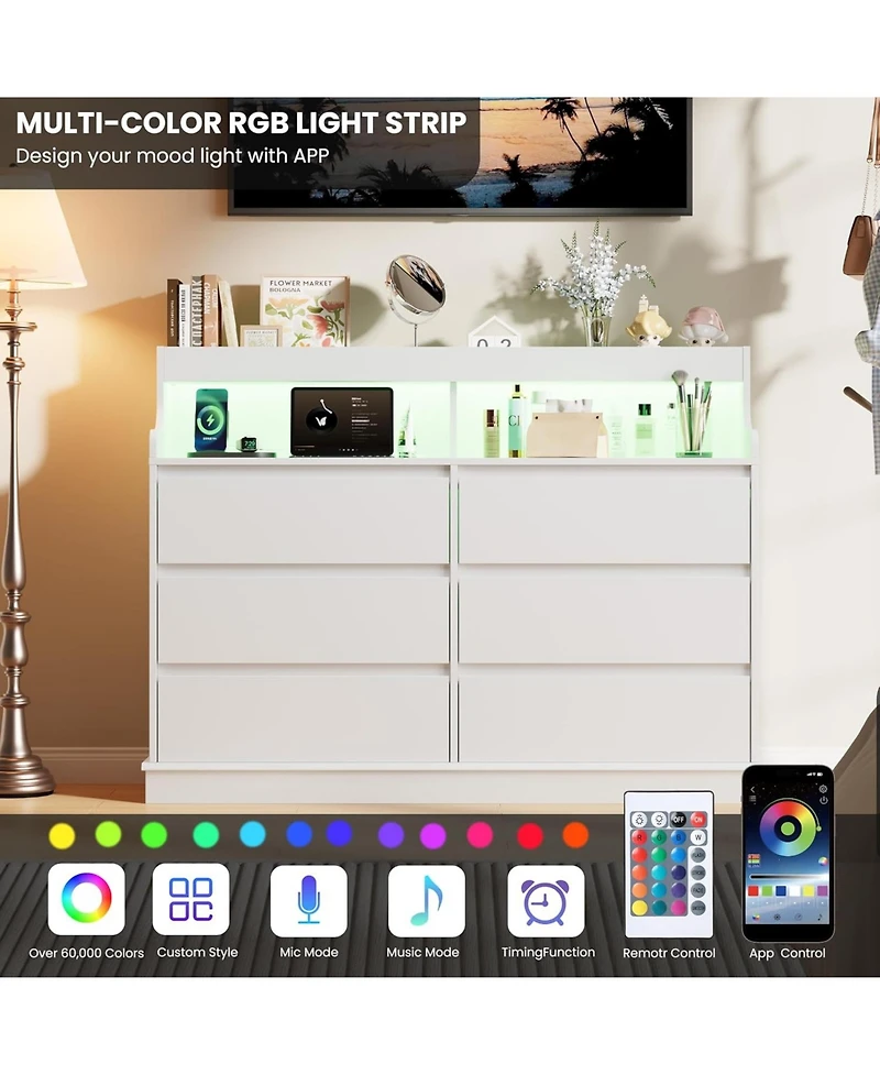 gaomon 6 Drawer Dresser with Led Lights and Charging Modern Large Capacity