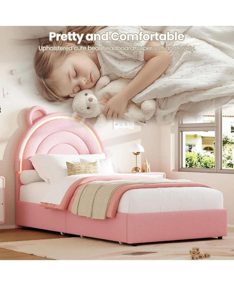 gaomon Velvet Bed Frame with Led Light Storage Drawer Upholstered Platform Bear Headboard Wood Slats No Box Spring Pink