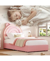 gaomon Velvet Bed Frame with Led Light Storage Drawer Upholstered Platform Bear Headboard Wood Slats No Box Spring Pink