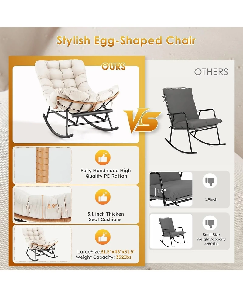 gaomon Papasan Rocking Chair with Removable Polyester Cushion, Extendable Footrest, Rattan Rocker