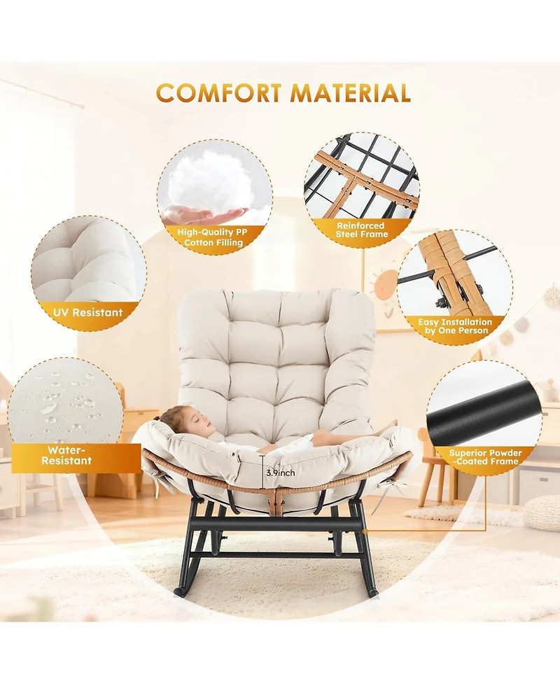 gaomon 2-Pack Papasan Rocking Chair with Footrest, Oversized Rattan Chair with Removable Cushion and Metal Frame, For Patio and Indoor