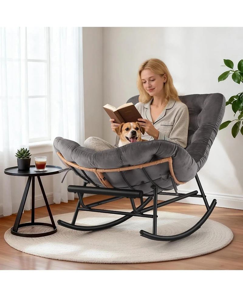 gaomon 2-Pack Papasan Rocking Chair with Footrest, Oversized Rattan Chair with Removable Cushion and Metal Frame, For Patio and Indoor