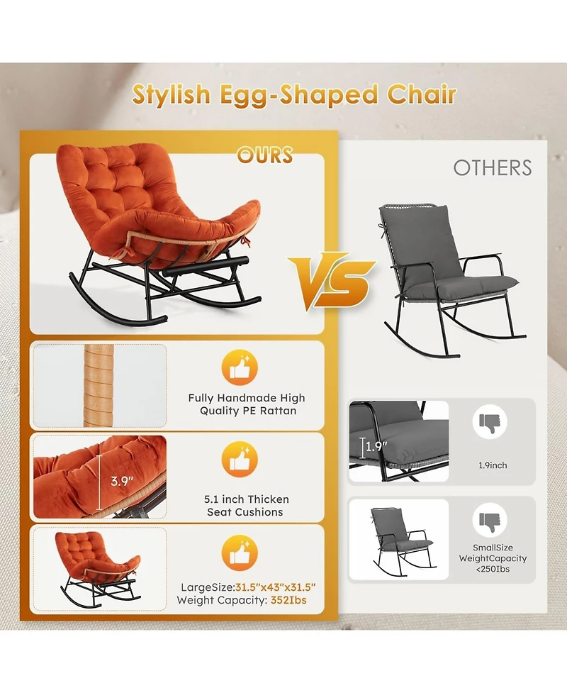 gaomon 2-Pack Papasan Rocking Chair with Footrest, Oversized Rattan Chair with Removable Cushion and Metal Frame, For Patio and Indoor