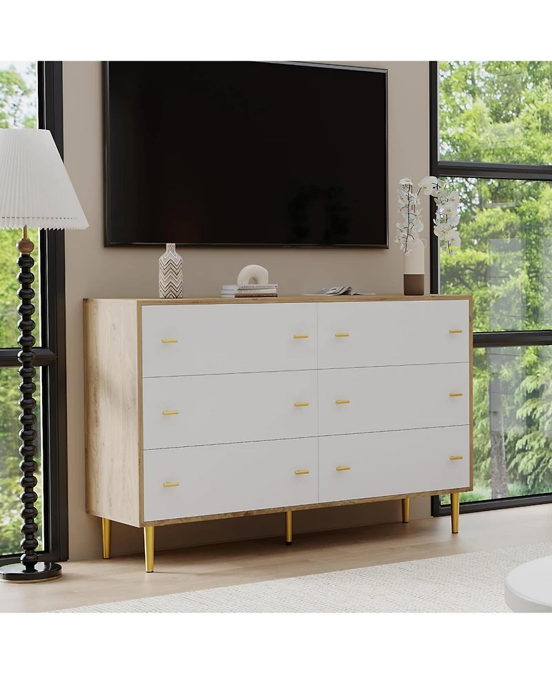 gaomon Farmhouse 6-Drawer Dresser, 47.2" Wide Rustic Wooden Chest with Bar Handles, Wide Storage Cabinet for Bedroom, Living Room, Entryway