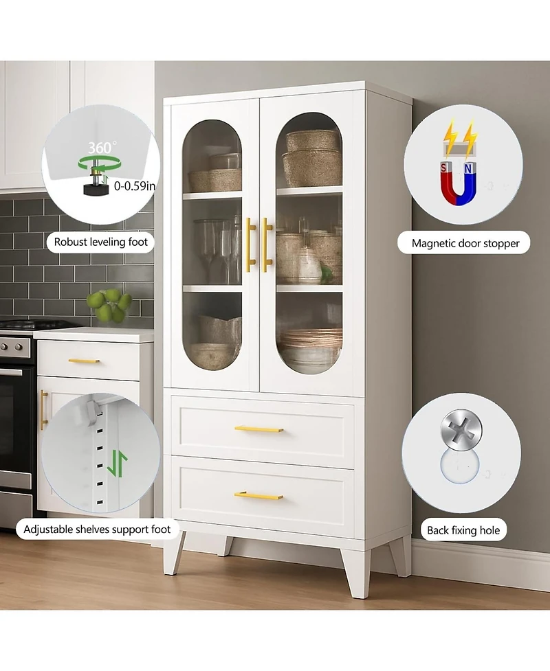 gaomon Pantry Storage Cabinet with Drawer, Glass Doors, Adjustable Shelves, Laundry, Living, Bath, Dining, Tool