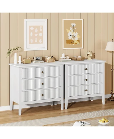 gaomon Fluted 3 Drawers Dresser Set of 2, Wide Wood Chest of Drawers, Dresser Chest of Drawers Organizer with Metal Legs and Anti-Tipping