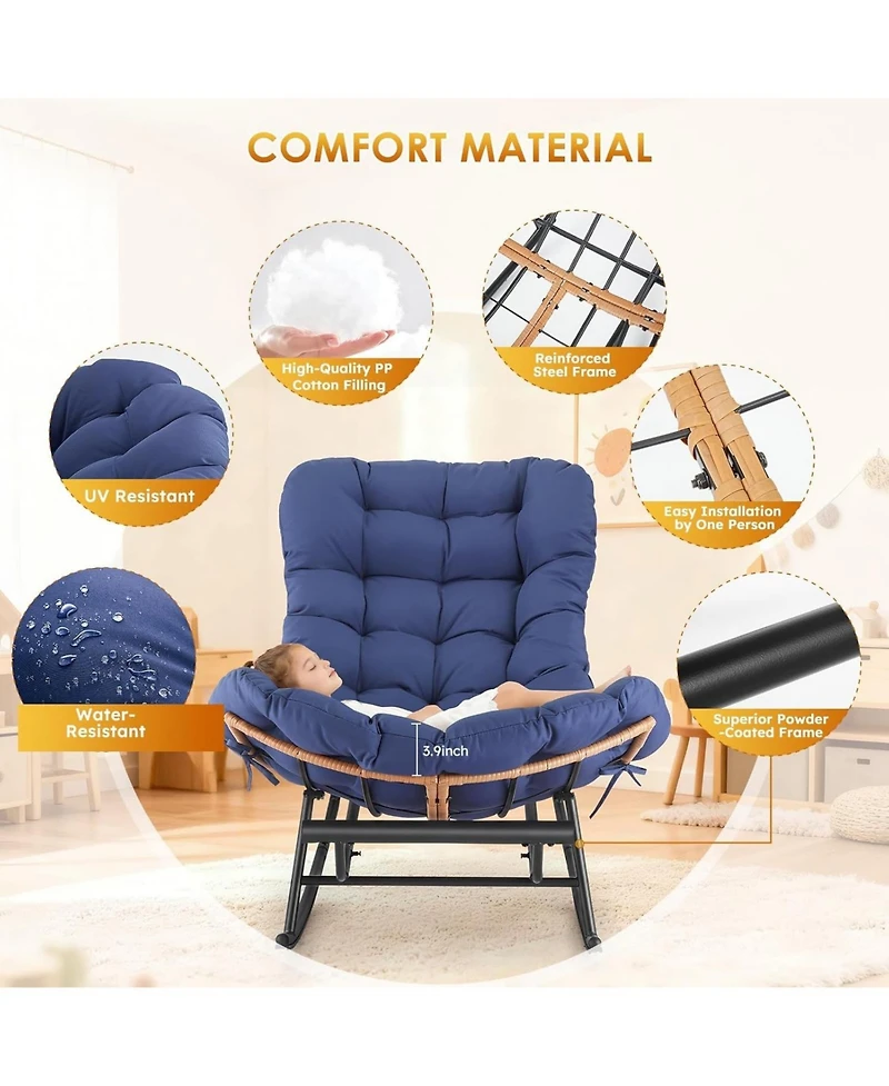 gaomon Papasan Rocking Chair with Removable Polyester Cushion, Extendable Footrest, Rattan Rocker
