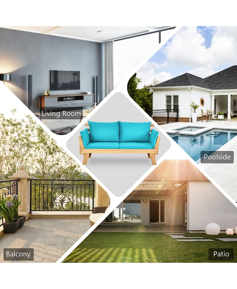 Gymax Adjustable Patio Sofa Daybed Acacia Wood Furniture w/ Cushion