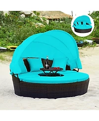 Gymax Cushioned Patio Rattan Round Daybed w/ Adjustable Table 3 Pillows