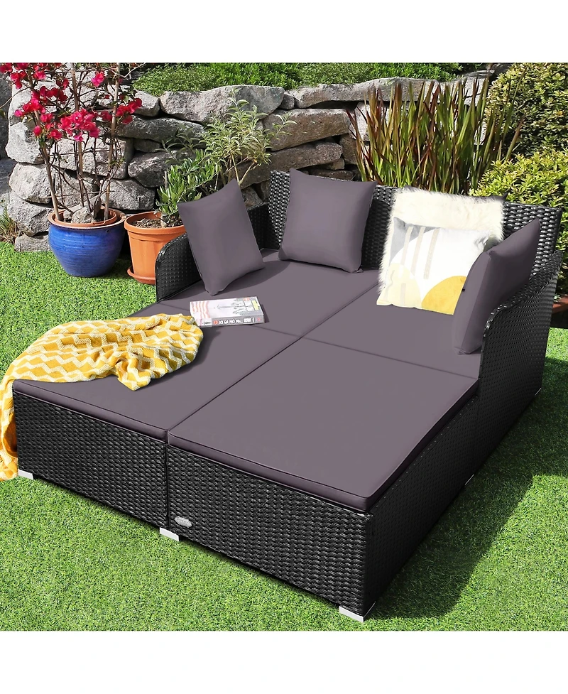 Gymax Rattan Patio Daybed Loveseat Sofa Yard Outdoor w/ Cushions Pillows