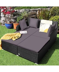 Gymax Rattan Patio Daybed Loveseat Sofa Yard Outdoor w/ Cushions Pillows