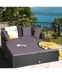 Gymax Rattan Patio Daybed Loveseat Sofa Yard Outdoor w/ Cushions Pillows