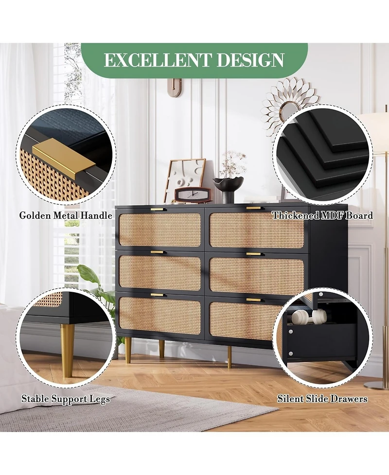 gaomon Rattan 6 Drawer Dresser Deep Storage Wide Top for Bedroom and Kids Room