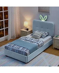 Rainsken Boucle Twin Size Kids Bed Frame, Upholstered Platform Bed with 4 Storage Drawers, Led Lights and Cute Rabbit Ear Headboard for Boys Girls