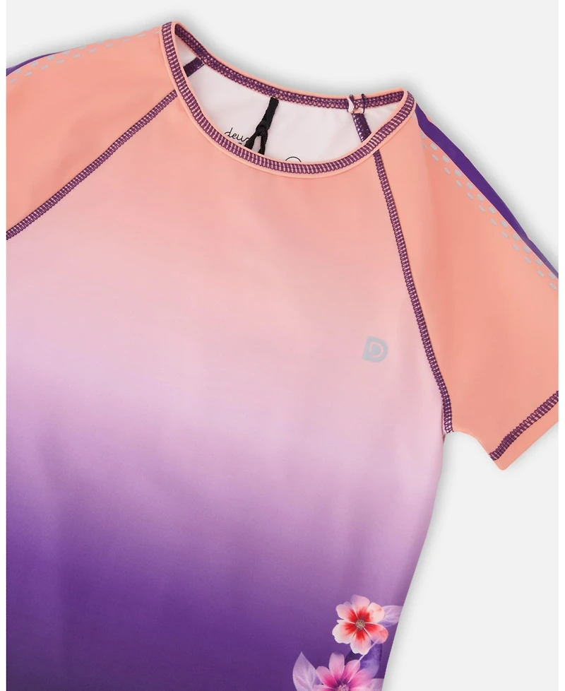 Deux par Deux Girls Athletic Short Sleeve Top in Polyester Pink To Black Gradient