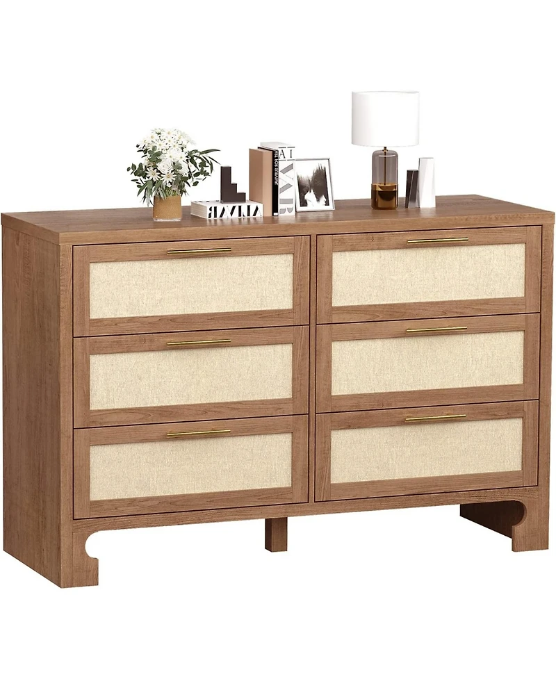 gaomon 6 Drawer Burlap Dresser Mid Century Modern Wooden Storage Chest Wide Boho Dresser for Bedroom Living Room