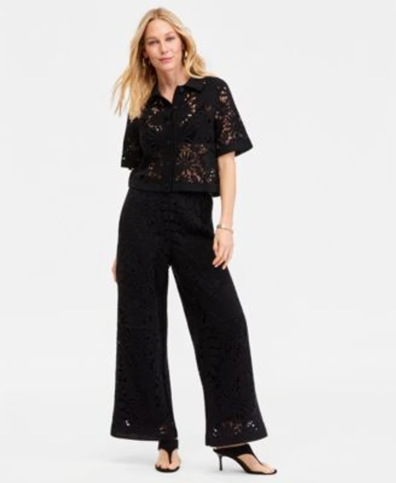 I.N.C. International Concepts Womens Floral Cotton Crochet Short Sleeve Top Wide Leg Pants