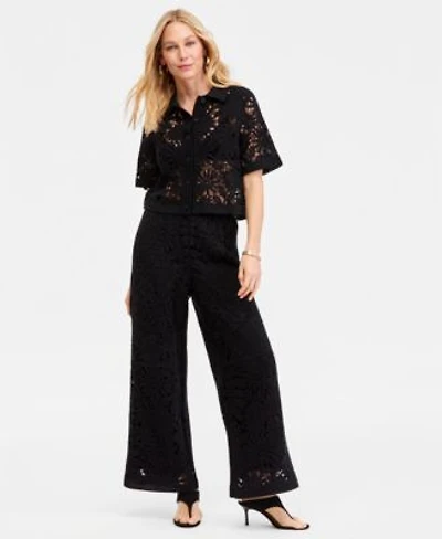 I.N.C. International Concepts Womens Floral Cotton Crochet Short Sleeve Top Wide Leg Pants