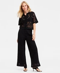 I.N.C. International Concepts Womens Floral Cotton Crochet Short Sleeve Top Wide Leg Pants