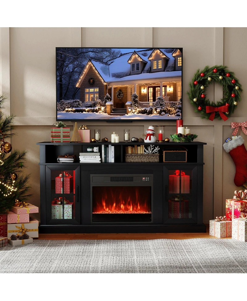 Sugift 58 in Fireplace Tv Stand with Led Lights and Glass Doors
