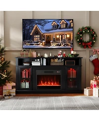 Sugift 58 in Fireplace Tv Stand with Led Lights and Glass Doors