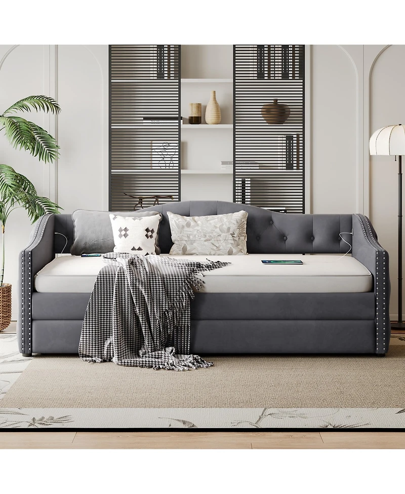 flynama Twin Size Velvet Upholstered Daybed With Trundle 2 Usb Charging Sturdy Wood Slats