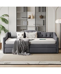 flynama Twin Size Velvet Upholstered Daybed With Trundle 2 Usb Charging Sturdy Wood Slats