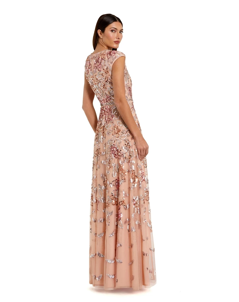 Mac Duggal Women's Sequined High Neck Cap Sleeve A Line Gown