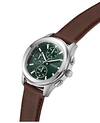 Guess Men's Silver-Tone Brown Leather Multi-Function Watch, 40mm