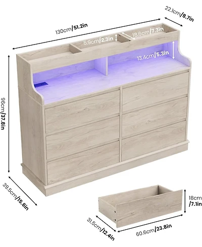 gaomon 6 Drawer Dresser with Led Lights and Charging Station Wide Chest