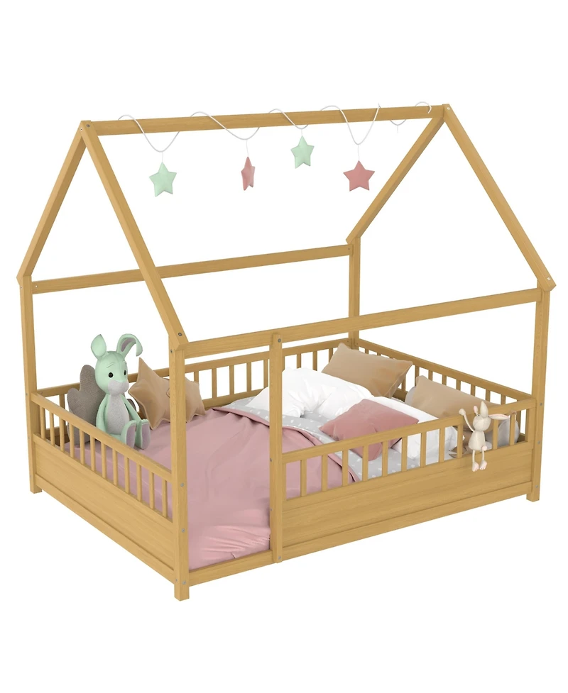 flynama Wooden Floor Bed With House Roof Frame And Fence Guardrails Natural For Kids
