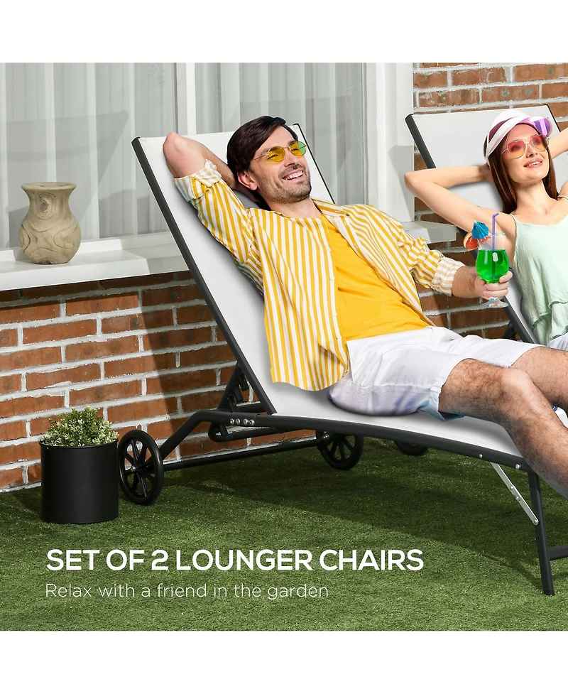 Outsunny Patio Chaise Lounge Chair Set of 2, 2 Piece Outdoor Recliner with Wheels, 5 Level Adjustable Backrest for Garden, Deck & Poolside, Cream Whit