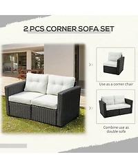 Outsunny 2 Piece Patio Wicker Corner Sofa Set, Outdoor Pe Rattan Furniture, with Curved Armrests and Padded Cushions for Balcony, Garden, or Lawn, Law