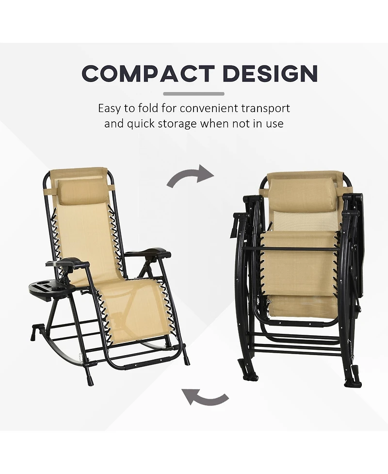 Outsunny Zero Gravity Reclining Rocking Chair, Lounge Rocker, Folding, Pillow, Side Tray, Cup and Phone Holder