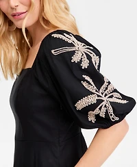I.n.c. International Concepts Women's Linen-Blend Embroidered Puff-Sleeve Midi Dress, Macy's Exclusive
