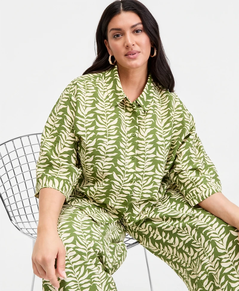 I.n.c. International Concepts Plus Printed 3/4-Sleeve Button-Front Shirt, Macy's Exclusive