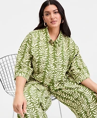 I.n.c. International Concepts Plus Printed 3/4-Sleeve Button-Front Shirt, Macy's Exclusive